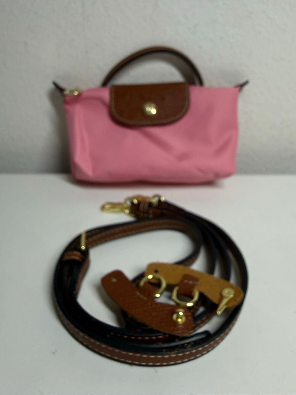Longchamp Mini Le Pliage Nylon Guimauve Blush Pink Brown Top Handle Bag + Strap - Picture 11 of 14
